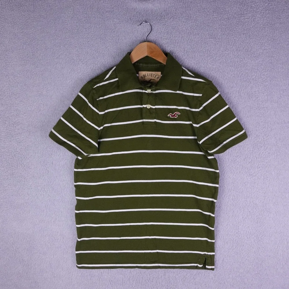Hollister Mens XL Green White Striped Short Sleeve Cotton Polo Shirt Logo 6272